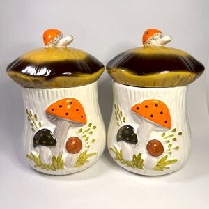 1970s XL Merry Mushroom Cookie Jars – Sears / Laurentian pottery 10,5" set of 2